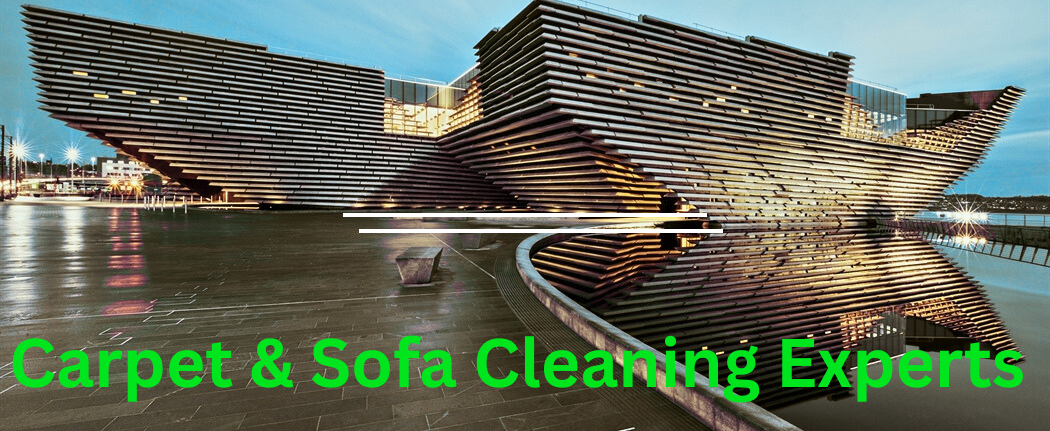 Dundee Carpet Cleaning V & A building in Dundee with an angular, wavy design reflecting in calm water at dusk.