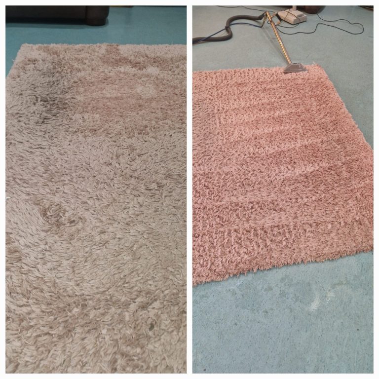 Rug cleaning Comparison of a stained rug on the left and a freshly cleaned, pink rug on the right.